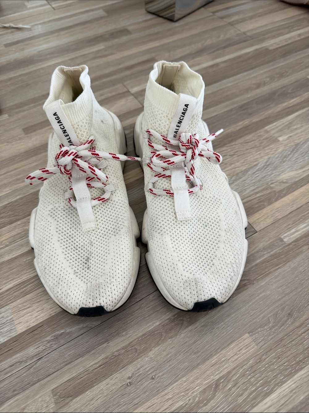 Balenciaga Women’s Cream Knit High-Top Sneakers with Red-Pattern Laces